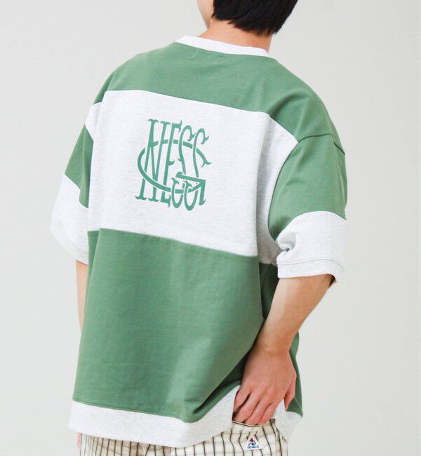 GLOSTER「【バックプリントが映える】切り替え GOODNESS オーバーストライプ Tシャツ」|Tシャツ・カットソー|グリーン系その他