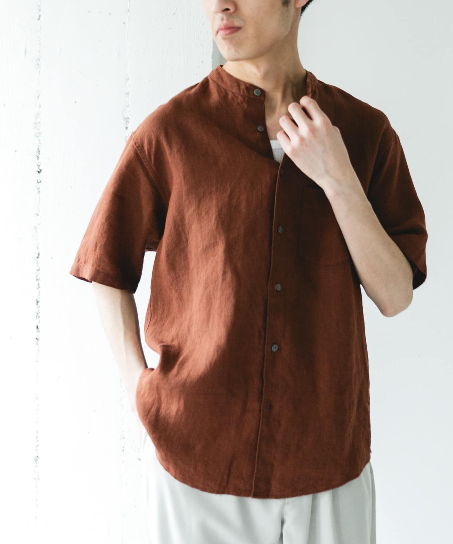 URBAN RESEARCH DOORS「シルケットリネン バンドカラーショートスリーブシャツ」|シャツ・ブラウス|