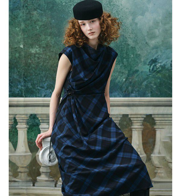 LOULOU WILLOUGHBY「【LOULOU WILLOUGHBY】ドレープチェックワンピース」|ワンピース|ブルー系