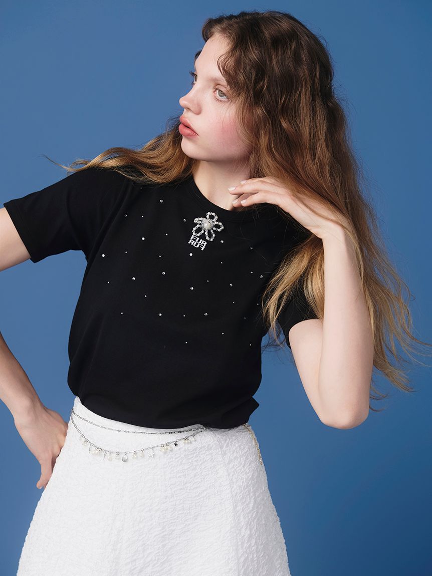 FURFUR「ラインストーンロゴ刺繍Tシャツ」|Tシャツ・カットソー|BLK