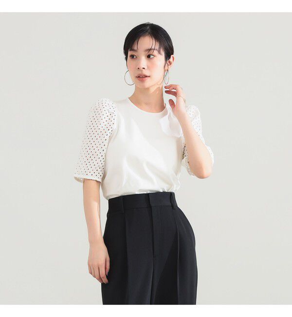 Demi-Luxe BEAMS 「刺繍レース スリーブ Tシャツ」|Tシャツ・カットソー|WHITE