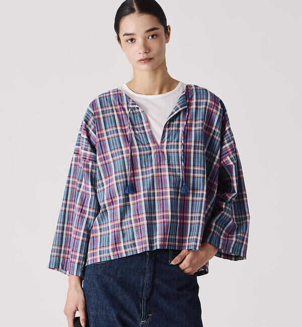  「INDIA INDUSTRY | マドラスチェック カフタンシャツ WOMEN」|シャツ・ブラウス|BLUE系1