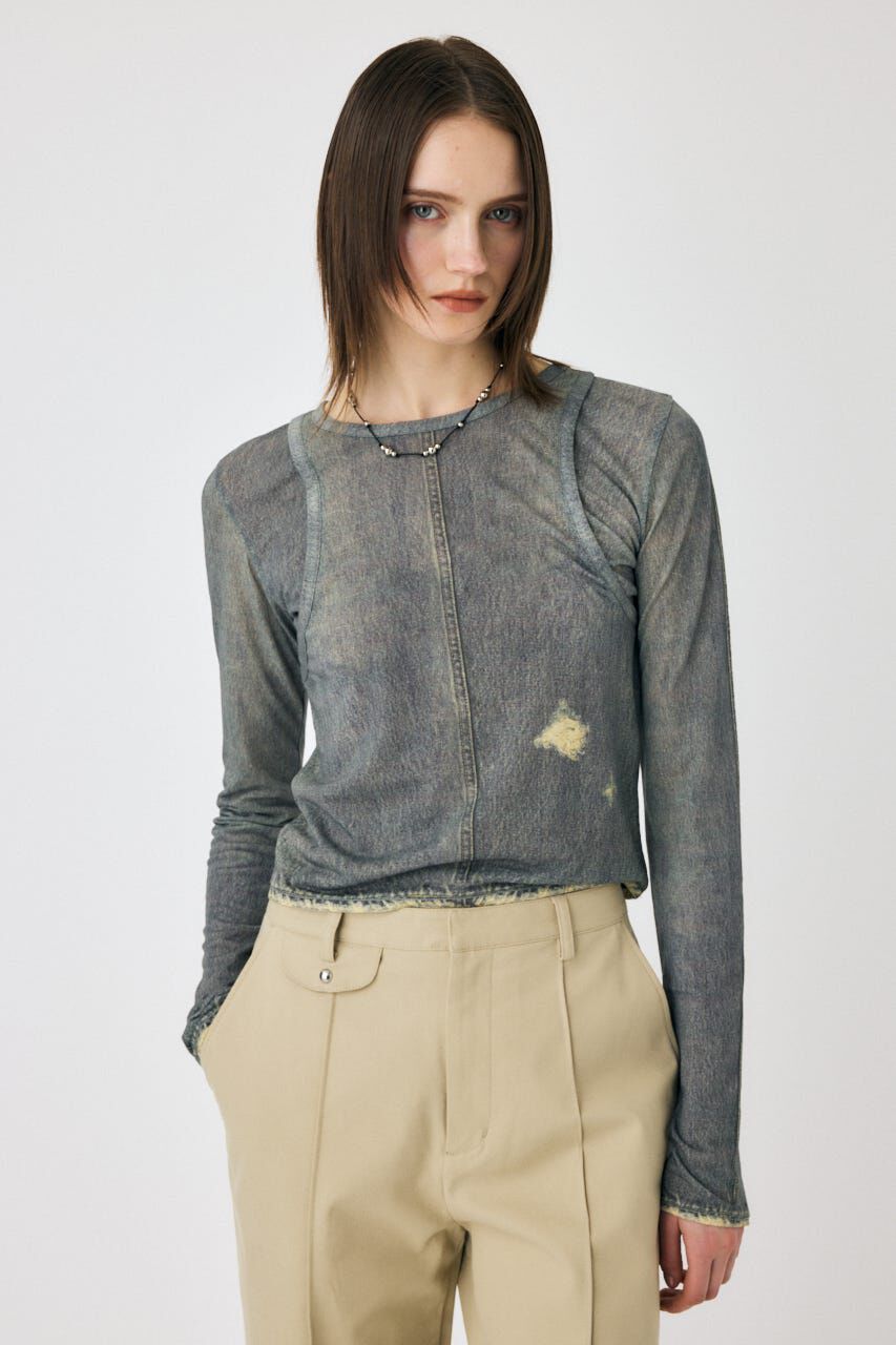 MOUSSY「DENIM PRINT TRANSPARENT ロンT」|Tシャツ・カットソー|BLU