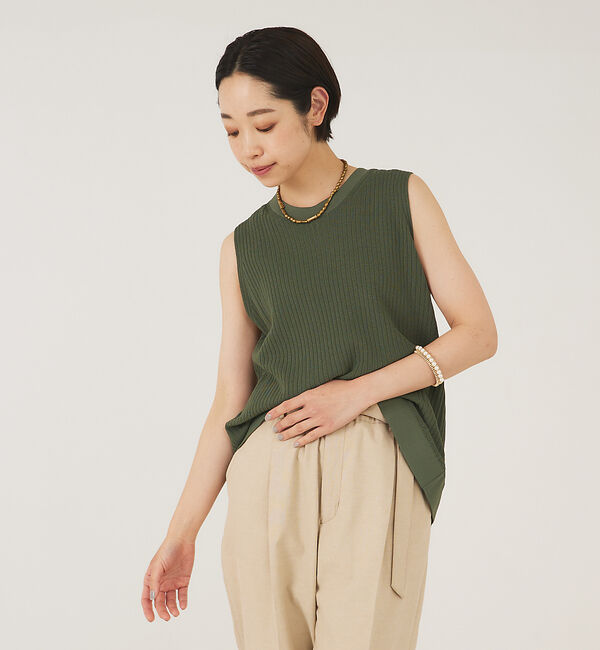 qualite「《セットアップ対応》レーヨンストレッチリブニット」|ニット・セーター|カーキ