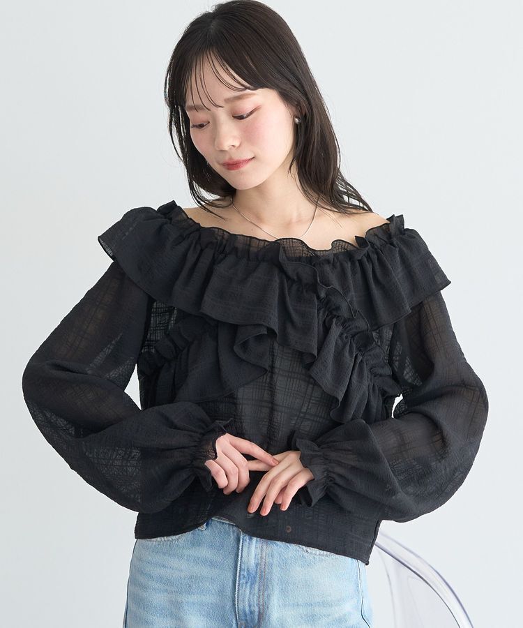 earth music&ecology「シアーチェック2wayオフショルブラウス」|シャツ・ブラウス|Black