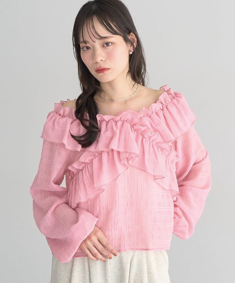earth music&ecology「シアーチェック2wayオフショルブラウス」|シャツ・ブラウス|Pink