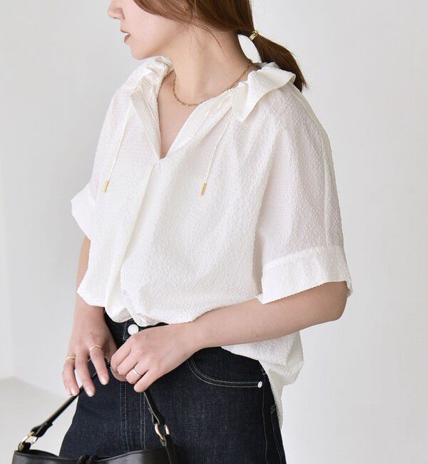 quaranciel「《予約》quaranciel:〈手洗い可能〉サッカー ドロストカラー スキッパー シャツ ブラウス」|シャツ・ブラウス|