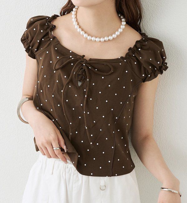  「レースアップフレンチTシャツ」|Tシャツ・カットソー|ブラウン