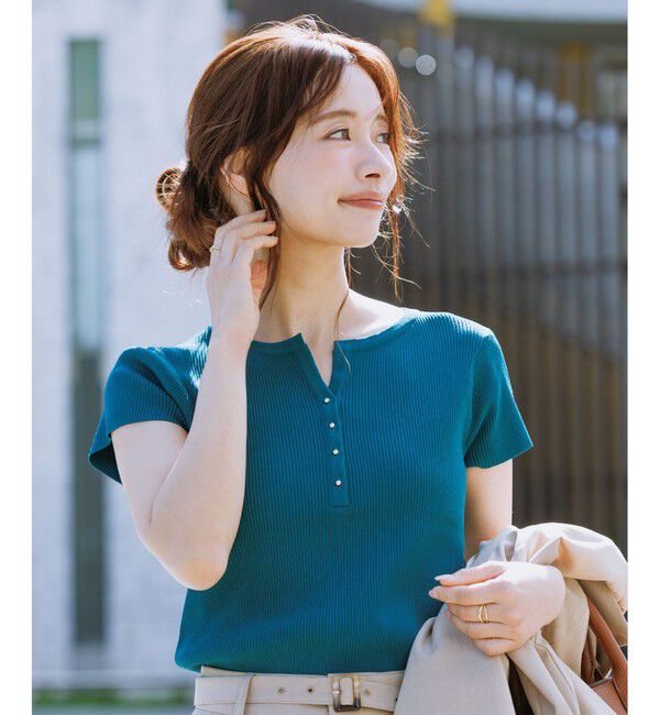 Rope&rsquo;Picnic「八方映えニット フレンチスリーブキーネックニットプルオーバー/UVカット・イージーケア」|ニット・セーター|グリーン(30)