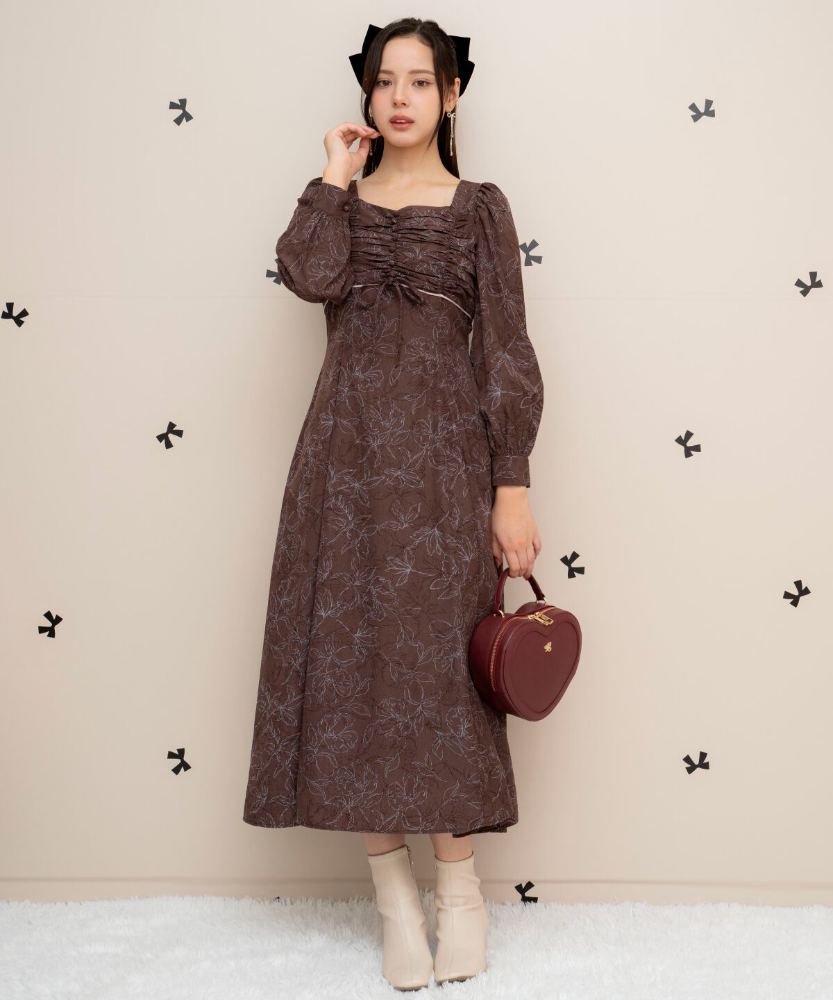 WILLSELECTION「フラワープリントギャザーフレアワンピース」|ワンピース|Brown/borderｽﾄﾗｲﾌﾟ