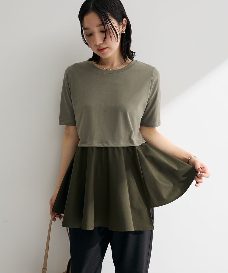 Green Parks「異素材ドッキングペプラムプルオーバー」|Tシャツ・カットソー|Khaki