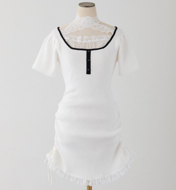  「 【Lace Collection】ドロストニットミニワンピース」|ワンピース|