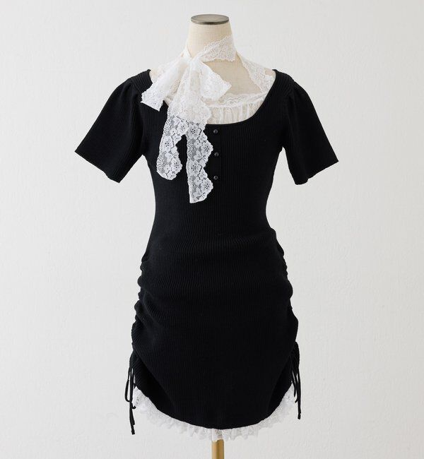  「 【Lace Collection】ドロストニットミニワンピース」|ワンピース|