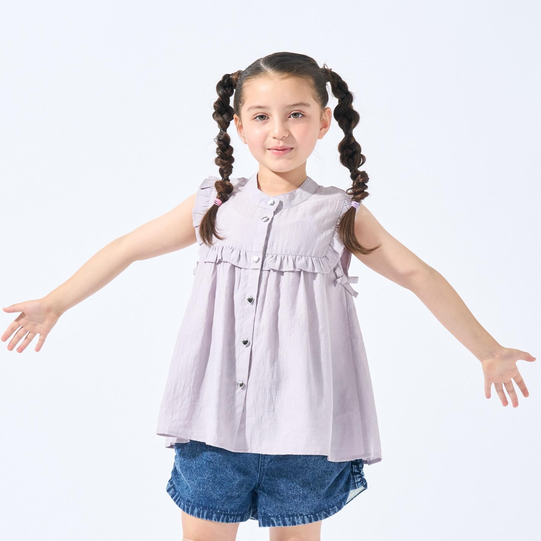 SHOO･LA･RUE「【110-150cm】ハートボタンがアクセント ノースリーブブラウス」|シャツ・ブラウス|ラベンダー(080)