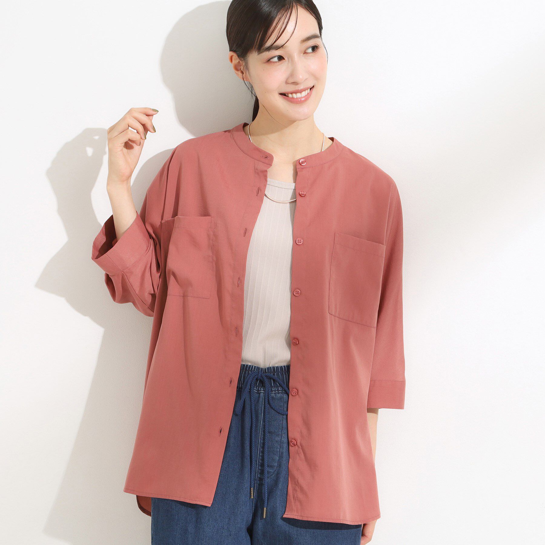 SHOO･LA･RUE「【S-LL/洗濯後しわになりにくい】コットン風 前あきドルマンブラウス」|シャツ・ブラウス|オレンジ(067)