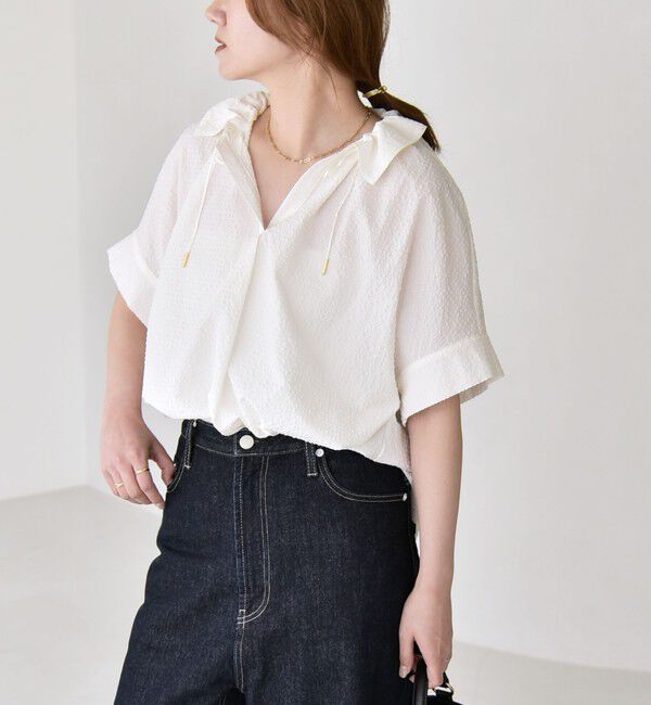 quaranciel「《予約》quaranciel:〈手洗い可能〉サッカー ドロストカラー スキッパー シャツ ブラウス」|シャツ・ブラウス|