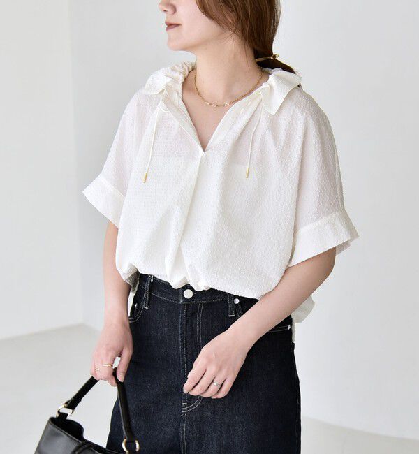 quaranciel「《予約》quaranciel:〈手洗い可能〉サッカー ドロストカラー スキッパー シャツ ブラウス」|シャツ・ブラウス|