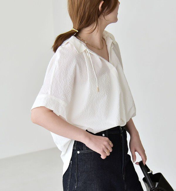 quaranciel「《予約》quaranciel:〈手洗い可能〉サッカー ドロストカラー スキッパー シャツ ブラウス」|シャツ・ブラウス|