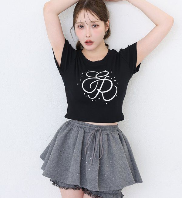  「ビジュー付きロゴ刺繍Tee」|プルオーバー|