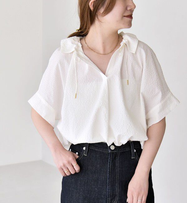 quaranciel「《予約》quaranciel:〈手洗い可能〉サッカー ドロストカラー スキッパー シャツ ブラウス」|シャツ・ブラウス|