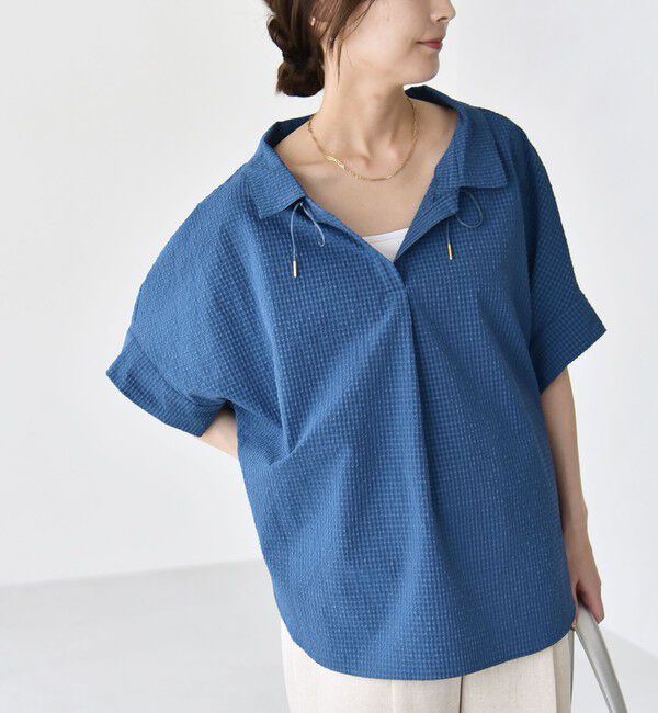 quaranciel「《予約》quaranciel:〈手洗い可能〉サッカー ドロストカラー スキッパー シャツ ブラウス」|シャツ・ブラウス|