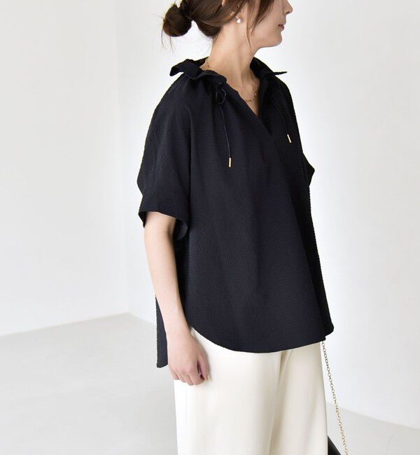 quaranciel「《予約》quaranciel:〈手洗い可能〉サッカー ドロストカラー スキッパー シャツ ブラウス」|シャツ・ブラウス|