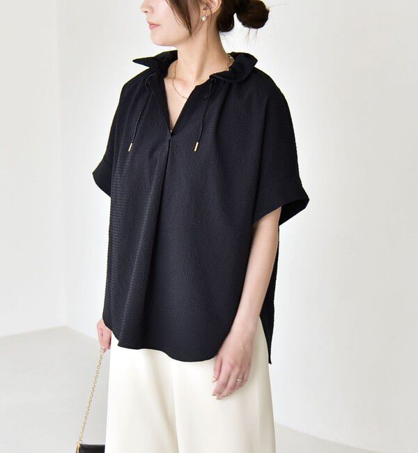 quaranciel「《予約》quaranciel:〈手洗い可能〉サッカー ドロストカラー スキッパー シャツ ブラウス」|シャツ・ブラウス|