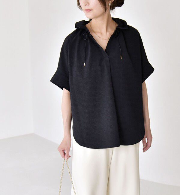 quaranciel「《予約》quaranciel:〈手洗い可能〉サッカー ドロストカラー スキッパー シャツ ブラウス」|シャツ・ブラウス|