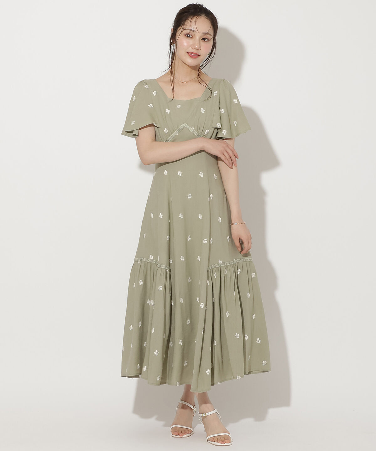WILLSELECTION「小花刺繍フレアスリーブワンピース」|ワンピース|グリーン