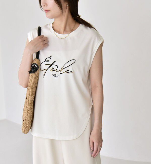 quaranciel「《予約》quaranciel:〈洗濯機可能〉スパンコール ロゴ 刺繍 フレンチスリーブ TEE」|Tシャツ・カットソー|
