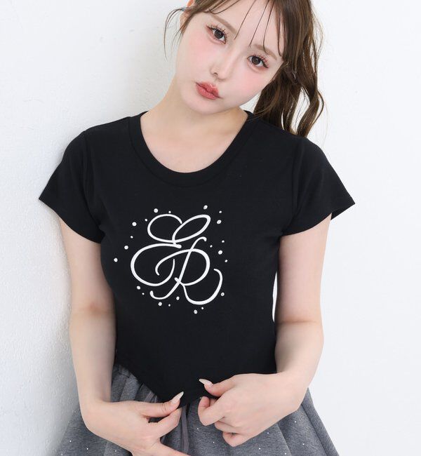  「ビジュー付きロゴ刺繍Tee」|プルオーバー|ブラック