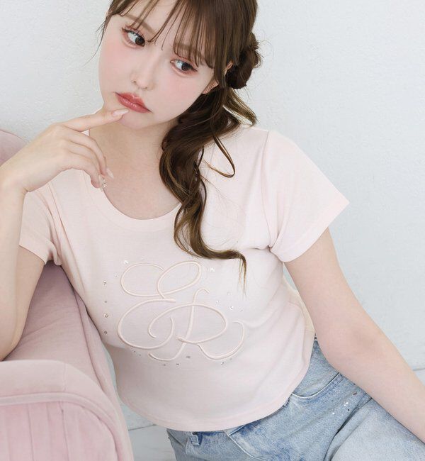  「ビジュー付きロゴ刺繍Tee」|プルオーバー|ピンク