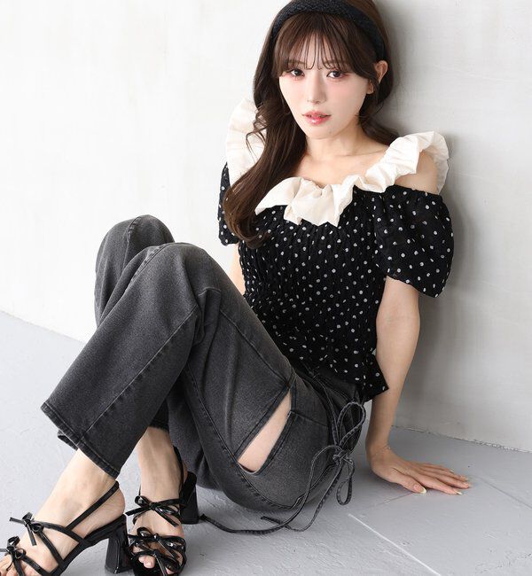  「【 XS/S/Mサイズ展開】サイドスリットリボン美脚デニムパンツ」|その他|