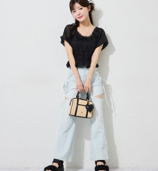  「【 XS/S/Mサイズ展開】サイドスリットリボン美脚デニムパンツ」|その他|