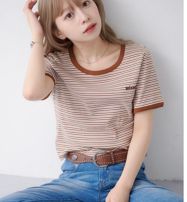  「ボーダー刺繍TEE」|Tシャツ・カットソー|ブラウン