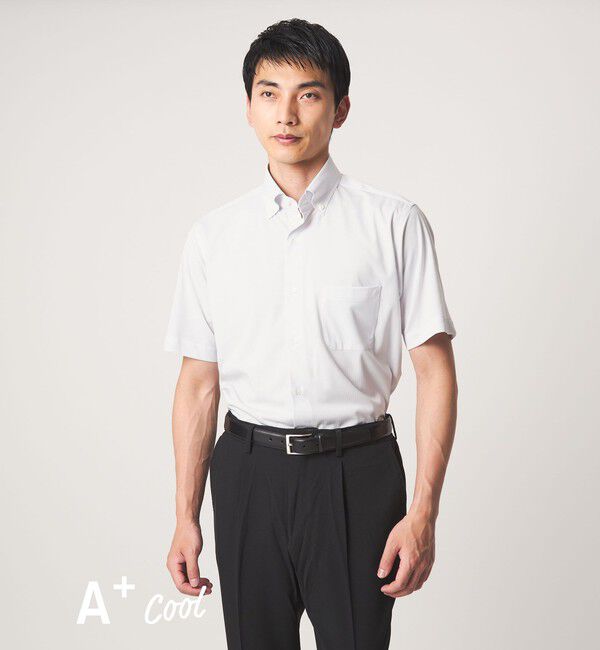 UNITED ARROWS green label relaxing「A+ COOL Pトリコット ナローストライプ スタンダード ボタンダウン 半袖 ドレスシャツ -ストレッチ・イージ」|シャツ・ブラウス|LT.GRAY