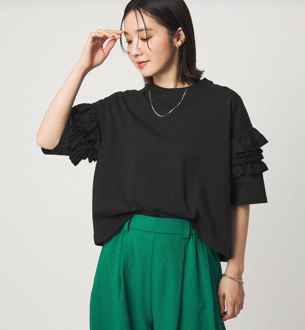 UNITED ARROWS green label relaxing「【WEB限定】＜at ease＞袖フリル  ショートスリーブ カットソー」|Tシャツ・カットソー|BLACK