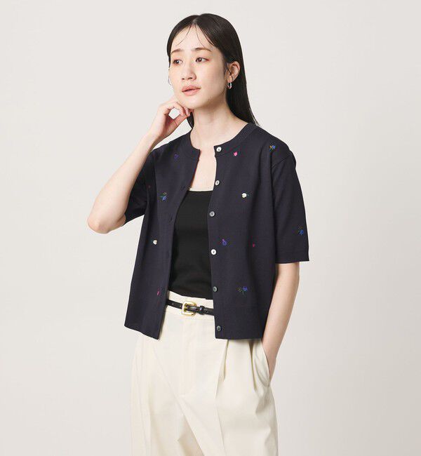UNITED ARROWS「フラワー エンブロイダリー ショートスリーブ カーディガン ‐ウォッシャブル‐」|カーディガン|NAVY