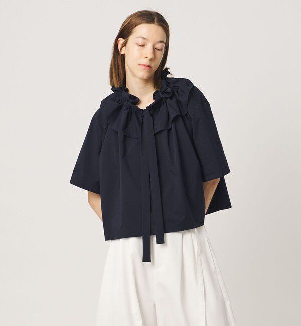 AEWEN MATOPH「＜AEWEN MATOPH＞ギャザー リボン ショートスリーブ ブラウス ウォッシャブル」|シャツ・ブラウス|NAVY
