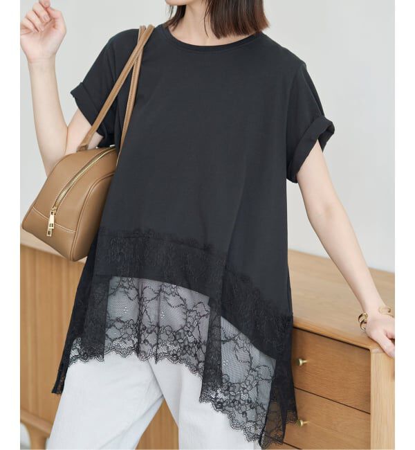 SLOBE IENA「《シリーズあり》レースコンビハーフスリーブカットソー」|Tシャツ・カットソー|ブラック