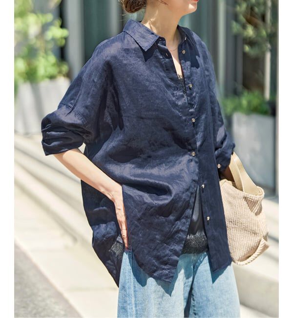 Spick and Span「《全15色 / 追加》 80リネンカシュクール ビッグシャツ」|シャツ・ブラウス|ネイビー