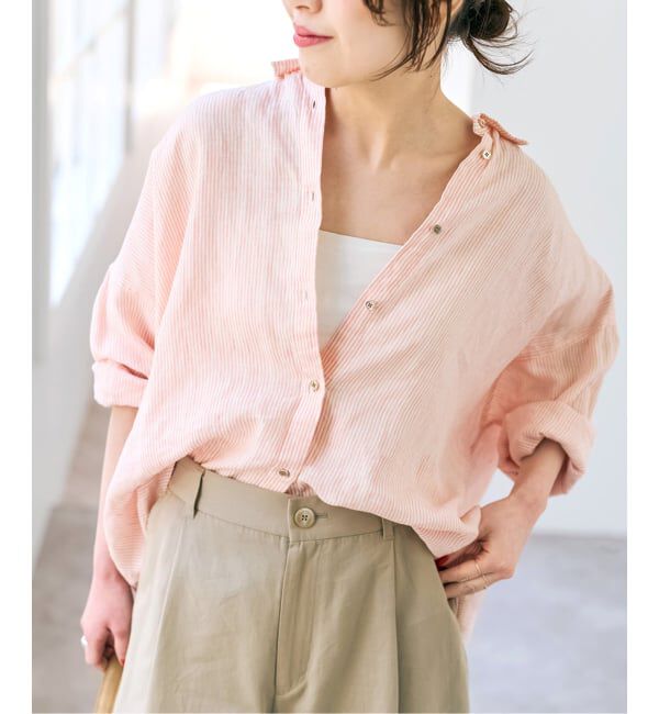 Spick and Span「《全15色 / 追加》 80リネンカシュクール ビッグシャツ」|シャツ・ブラウス|ピンクベース