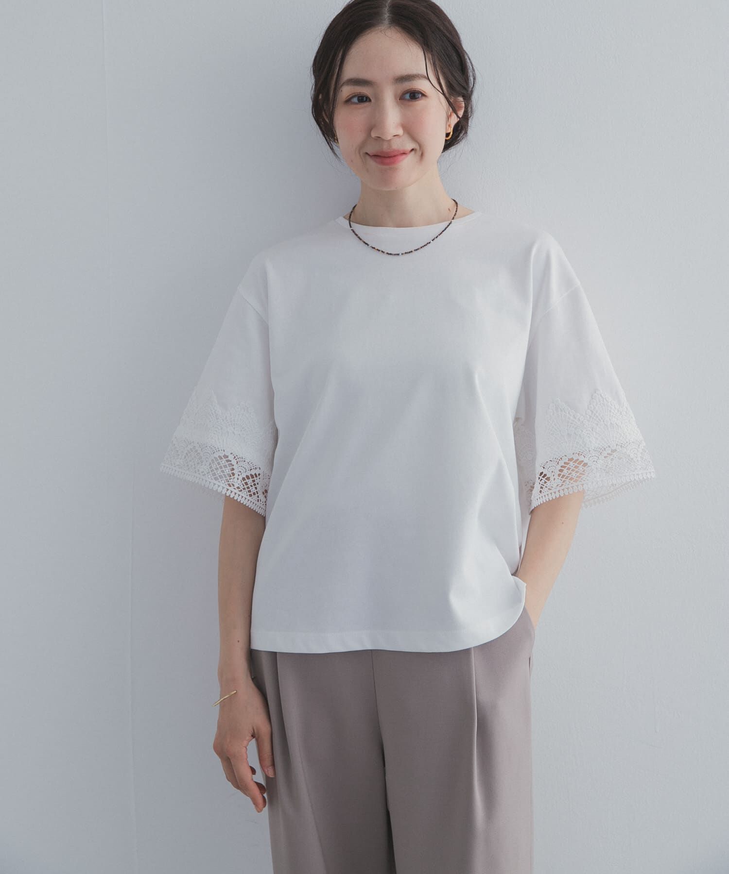 URBAN RESEARCH DOORS「レーススリーブTシャツ」|Tシャツ・カットソー|