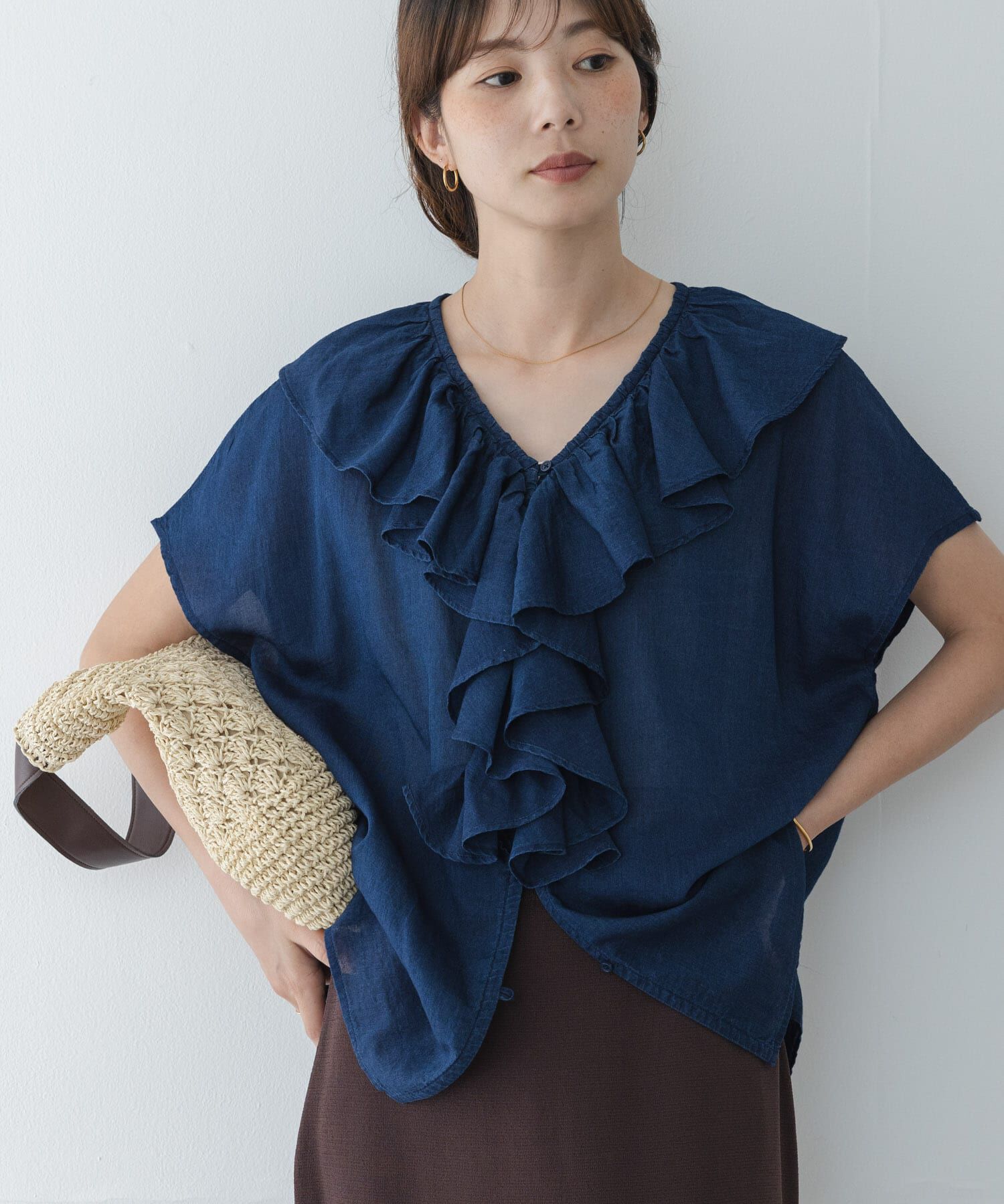 Sonny Label 「シアーデニムラッフルフリルブラウス」|シャツ・ブラウス|インディゴブルー