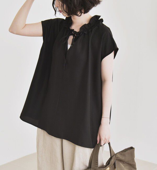 quaranciel「quaranciel:〈洗濯機可能〉フリルカラー リボン フレンチスリーブ ブラウス」|シャツ・ブラウス|