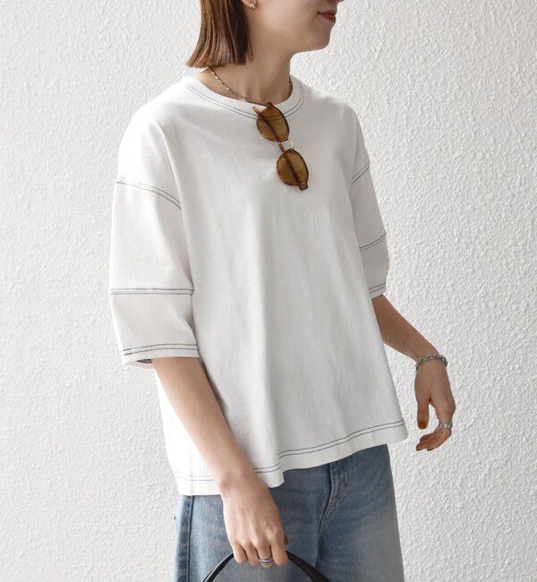 SHIPS any「SHIPS any:〈抗菌防臭/洗濯機可能〉USAコットン 配色 ステッチ ワイド TEE」|Tシャツ・カットソー|