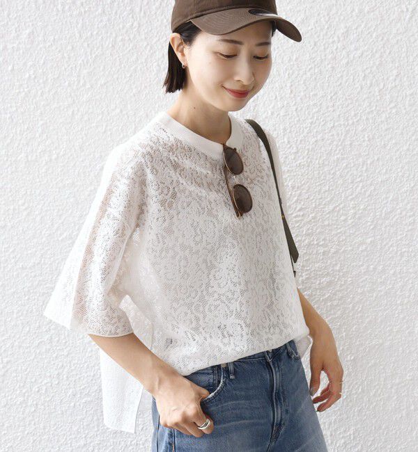 SHIPS for women「〈手洗い可能〉レース ジャカード ショートスリーブ カットソー」|Tシャツ・カットソー|オフホワイト