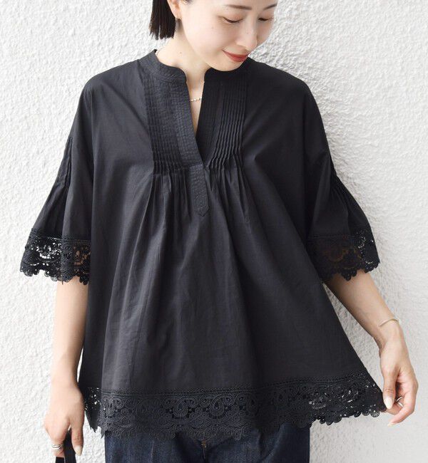 SHIPS for women「〈手洗い可能〉トリム レース ピンタック スキッパー ブラウス」|シャツ・ブラウス|