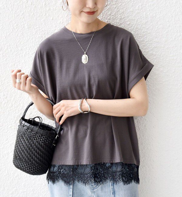 SHIPS for women「〈手洗い可能〉レース コンビ フレンチ スリーブ TEE」|Tシャツ・カットソー|ダークグレー