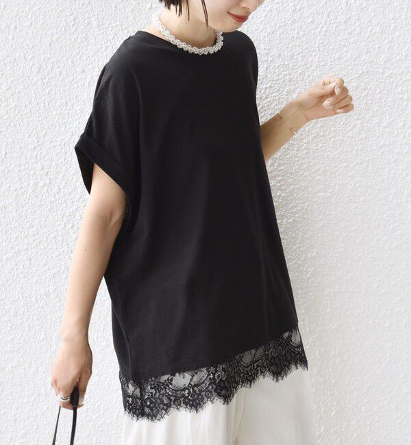 SHIPS for women「〈手洗い可能〉レース コンビ フレンチ スリーブ TEE」|Tシャツ・カットソー|ブラック